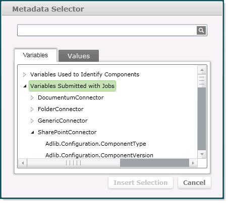 Figure 41 - SharePoint Workflow Source Information 7. If desired, click the Metadata button and select the Name and/or Value using the Metadata Selector.