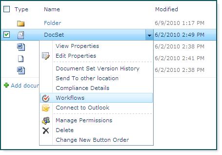To Merge Document Sets In SharePoint 2010, the Merge Content to PDF workflow can be used to merge documents in a Document Set into a single PDF file. 1. Select the Document Set. 2. Select Workflows from the Document Set ECB menu.