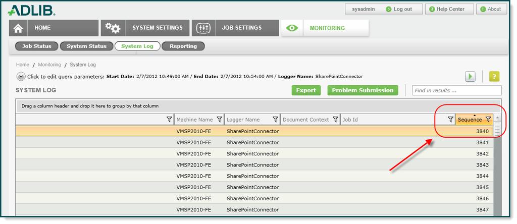 9. Scroll to the far right and click the Sequence column header to reorder the logging entries in ascending order.