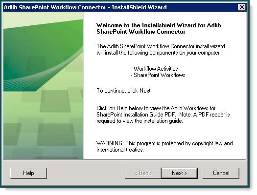 2. In the Adlib SharePoint Workflow Connector-InstallShield Wizard window, click Next.