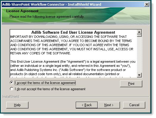 In the License Agreement window, accept the End User License Agreement terms.
