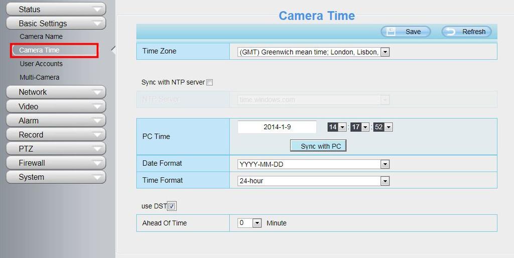 Figure 4.6 Time Zone: Select the time zone for your region from the drop-down menu. Sync with NTP server: Network Time Protocol will synchronize your camera with an Internet time server.