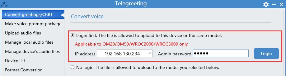Step 1. Run Telegreeting and then click Convert greetings/crbt. Select Login first and login the device.