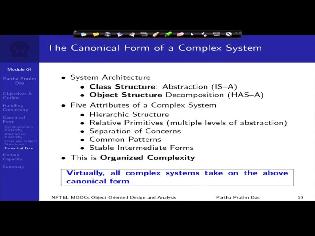 So with this, now we say the canonical form of a complex system, we can now describe that in terms of 2 major properties, 1 what we say is the system architecture that is the 2 orthogonal view of how