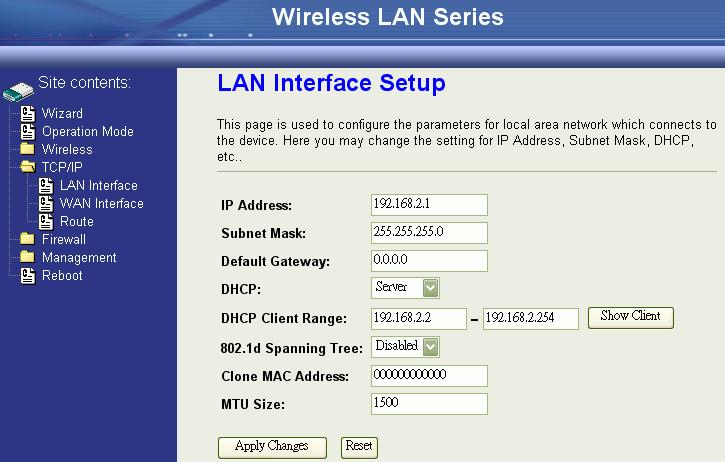 TCP/IP Configuration Configuring LAN Interface Configuring DHCP Server To use the DHCP server inside the device, please make sure there is no other DHCP server that exists in the same network as the