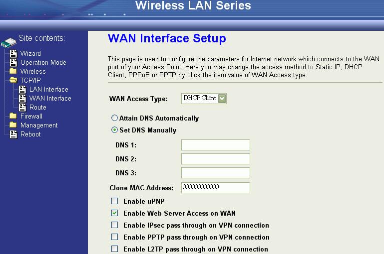 DHCP Client (Dynamic IP) All IP configuration data besides DNS will be obtained from the DHCP server when DHCP-Client WAN Access Type is selected. DNS 1~3 The IP addresses of DNS provided by your ISP.