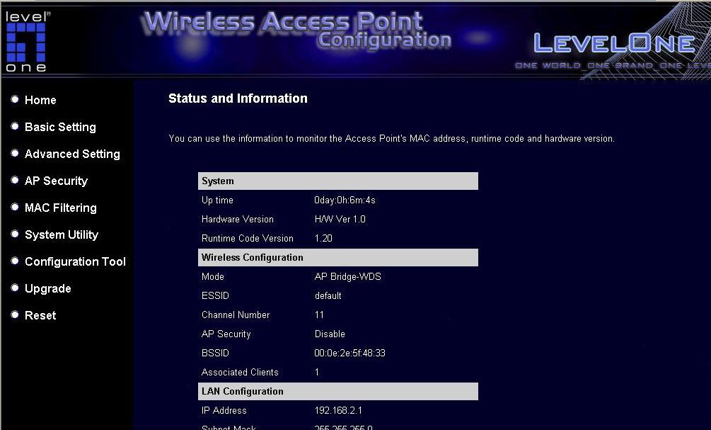 3.2.1 Status and Information On this screen, user can see the general information of the Access Point including Alias Name, Firmware Version, ESSID, Channel Number, Status, IP Address, MAC Address,