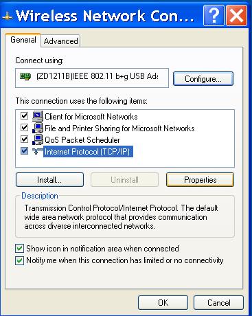 Ethernet network cable or via a wireless card), and select Properties.