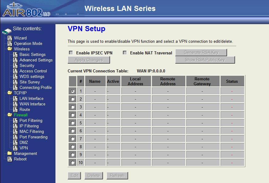 Configuring VPN The VPN Setup screen provides a means to enable or
