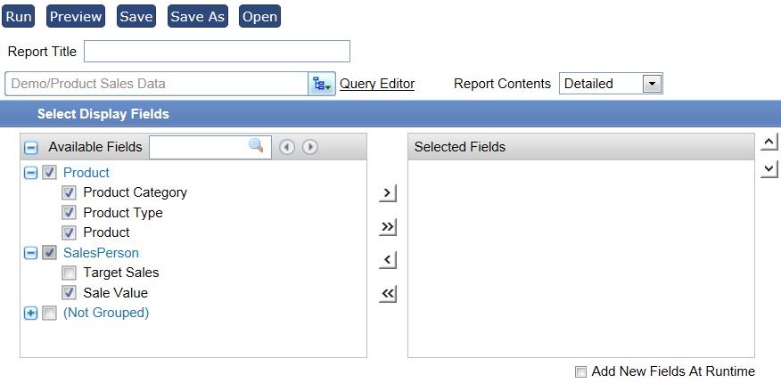 Action Buttons: Button Run Comments Run the report with full data in desired format. This loads the respective report viewer Preview Run the report with initial partial data.