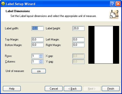 Label setup Wizard - defining the label format Width, height: Define the label dimensions. Margins: Define the label margins.