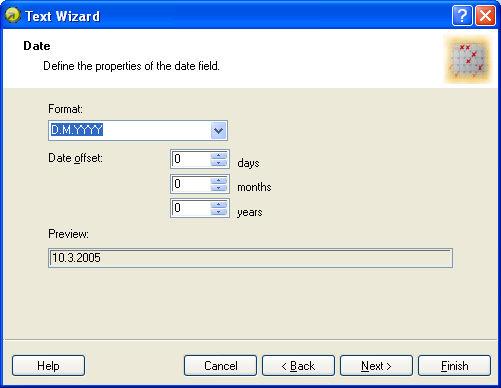 Text Wizard - Date Field Define the properties of the date field. The variable field will get the value from a computer clock.