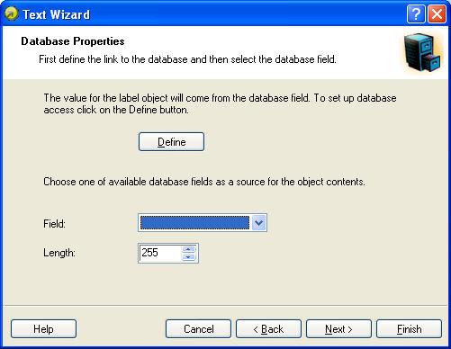 Dialog box for Text Wizard when Database option is chosen Define: Click on this button to open the database wizard that will help you define the link to the database.