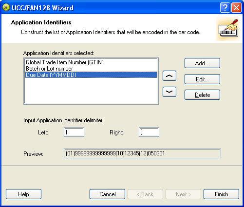 Step 4: List of selected application identifiers Listing the selected application identifiers This is the last step of the GS1-128 Wizard.
