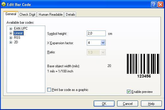 Edit barcode dialog box General tab Type of barcode: The required barcode symbology is selected from the tree list of available barcodes.