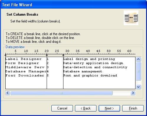 Database Wizard Setting column breaks If you have selected that your data is formatted with fixed widths, the second step of the Wizard will be slightly different.