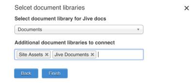 Using Jive for SharePoint Online and O365 6 Note: When you select one or more additional document libraries, all files in those libraries will be synced in batch to the connected Jive place, but