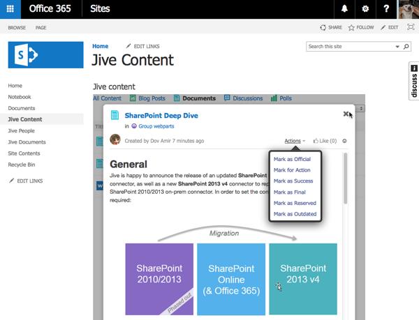 Setting Up Jive for SharePoint Online and Office 365 15 Jive Activity Webpart The Activity Webpart is a view of all activity occurring in the connected Jive place, including all content types and