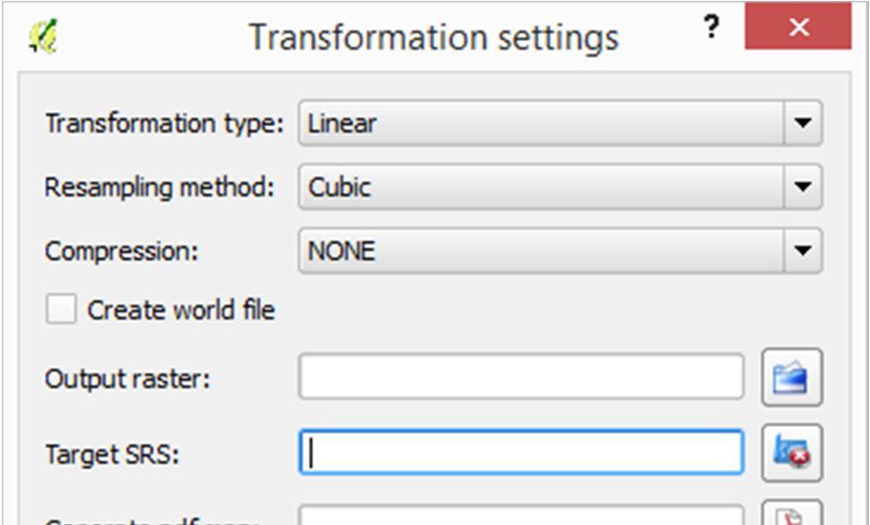 11. Click on the Transformation settings button. The settings dialog will open. 12. Click on the button indicated by the arrow. This will allow us to define the output raster.