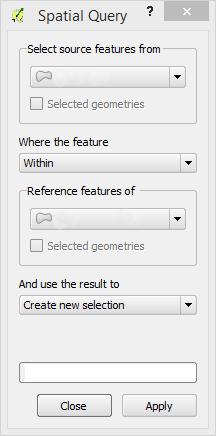 From the Vector menu, select Spatial Query Spatial Query or click the icon on the toolbar. 5. You will be presented with the following dialog box. 6.