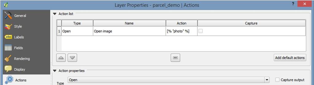 Click on the drop down list where you can see ParcelNr and select photo then click on Insert field. 6. Click on Add to action list. 7. Your dialog should look like the following: 8.