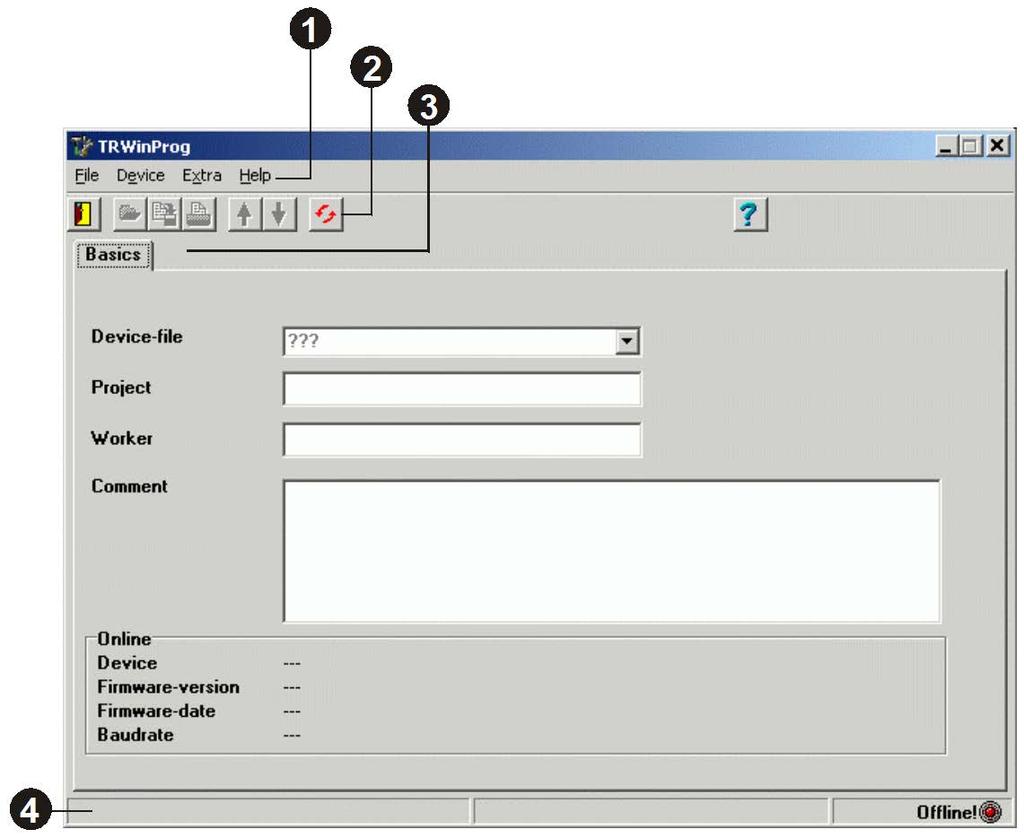 User interface 7 User interface Main screen of TRWinProg in offline mode without device and parameter