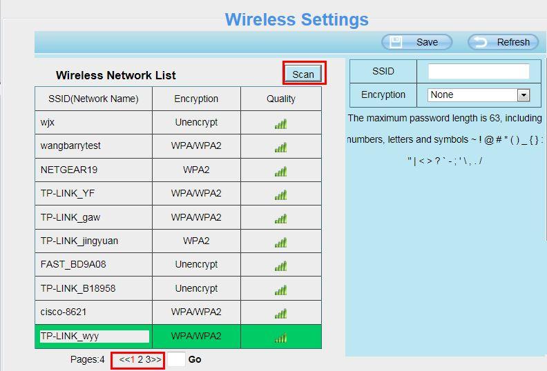 4.3.2 Wireless Settings Step 1: Choose Settings on the top of the camera interface, and go to the Network panel on the left side of the screen, then click Wireless Settings.