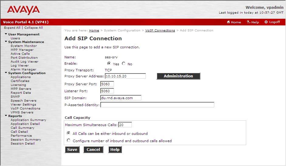 3. Click on the Continue button to continue the SIP Connection configuration. Enter the following fields : SIP Domain : set to du.rnd.avaya.
