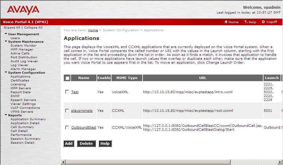 5.3. Configure an Application for ImmediateVoice The following section illustrates how to configure a test VXML application to verify the SIP connection on Avaya VPMS.