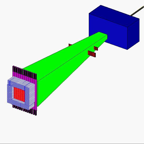 Figure 1 PrimEx setup as defined in the GEANT3 program "psim". The blue box is the dipole and the large green trapezoid is the helium bag.