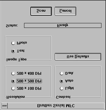 14 Scanning Options When you scan using the Brother Multi-Function Link Scanner driver, a scanning options dialog box will appear: Brother Serial MFC Resolution 200 DPI STD 200 DPI FINE 400 DPI S.