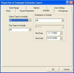 Using Exports Includes Tab 1. Select the status types, pay types, and employees to include.