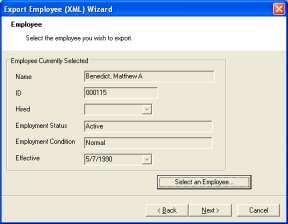 Using Exports Employee XML Export The Execute Export Employee XML Wizard button Employee XML Wizard. To export employee data in an XML file: launches the Export 1. Click.
