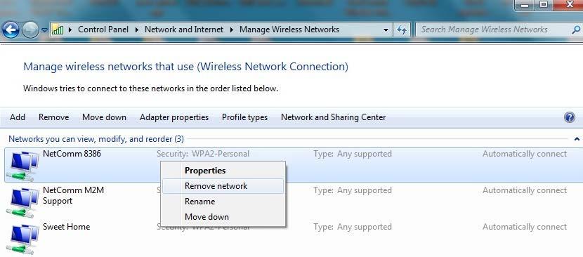 5 Select your Wi-Fi network name/ssid, right click and select Remove