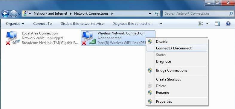 8 Right-click on Wireless Network Connection and select Connect / Disconnect.