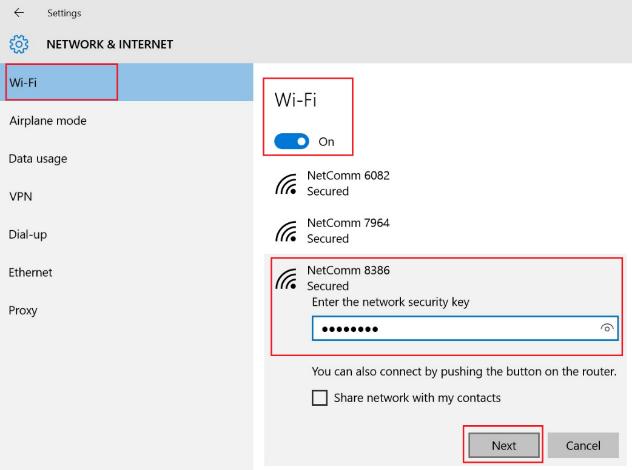 Wi-Fi security key/password Click Next.