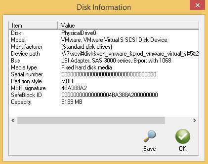 Disk Information Disk Information about any physical device can be displayed by double-clicking on the physical device in the SAFE Block Win10 To Go GUI