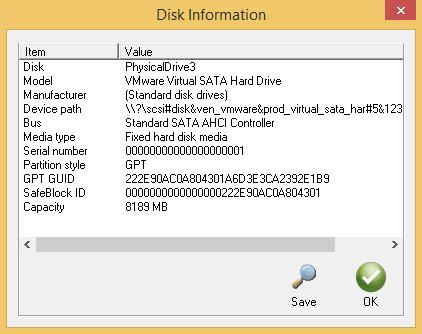 This will open a separate dialog box containing the Disk Information, which includes the Model, Manufacturer, Device Path, Bus, Media Type, Serial Number,
