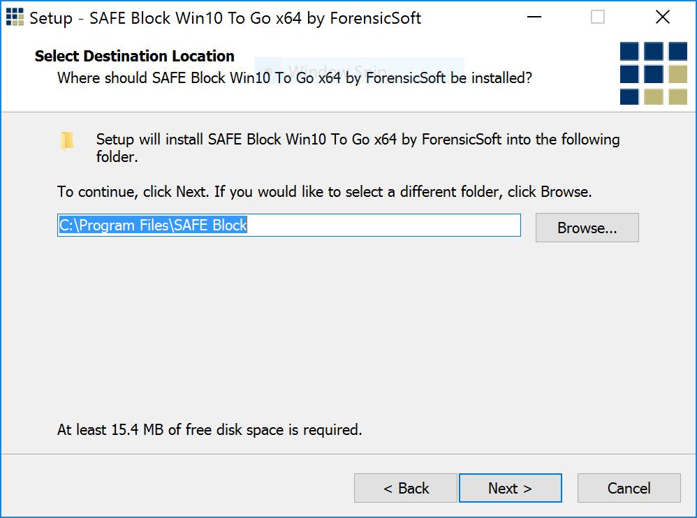 The SAFE Block installation folder must be on the portable Windows 10 To Go system disk, the portable disk on which the operating system is installed.