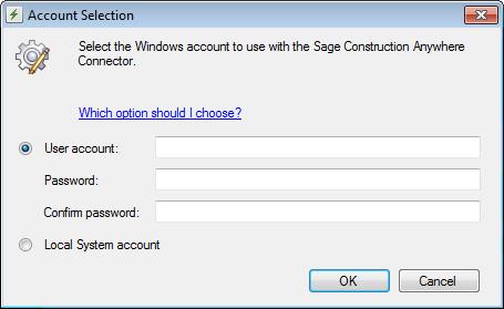 In the Account Selection window, enter the Windows service account that you selected for this purpose, or select Local System account. 9.