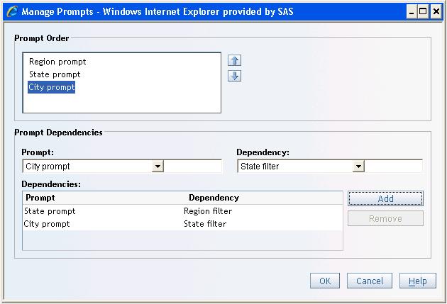 Figure 13 Manage Prompts Dialog Box with Prompts for Region, State, and City The selection of values for Region, State, and City are similar to the selections made in SAS Information Map Studio in