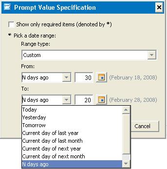In Figure 16, a date range prompt enables a user to select a range type and