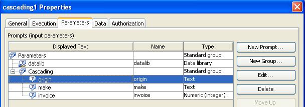 Example 2 This example defines a SAS Stored Process that uses cascading prompts in SAS Management Console. Using SAS Management Console, input parameters for stored processes are defined as prompts.