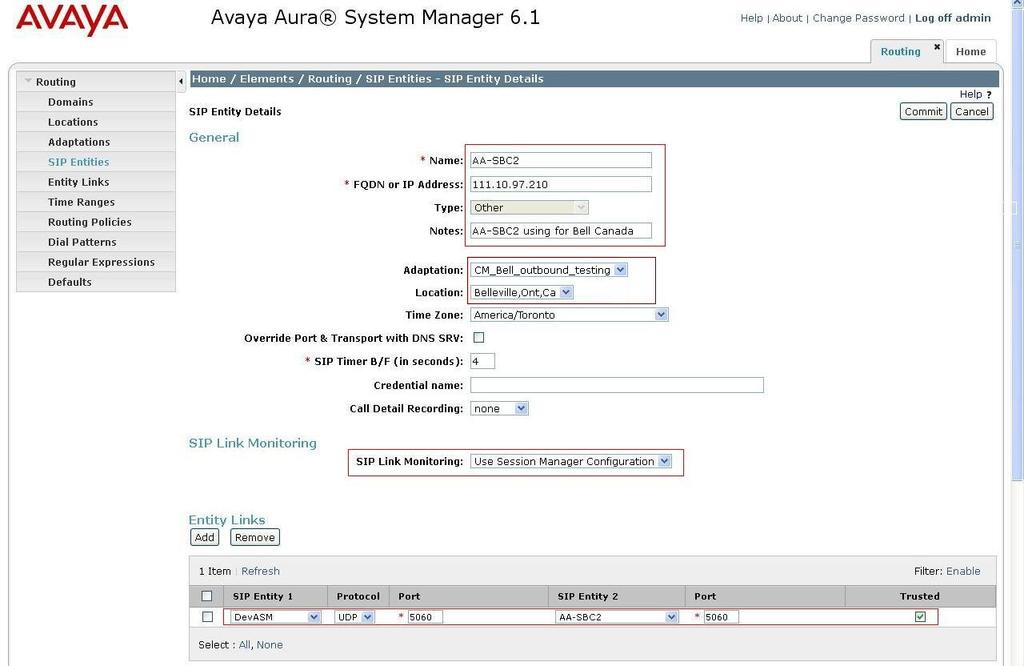 6.5. Create SIP Entity for Avaya Aura SBC This section shows how to configure System Manager to add a SIP Entity for Avaya Aura SBC.