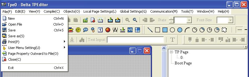 1-5-2 Menu Bar File The pull-down options of File function are described as follows (Figure 1-15): Figure 1-15 New: Create a new file (project). Open File: Open an old file (project).