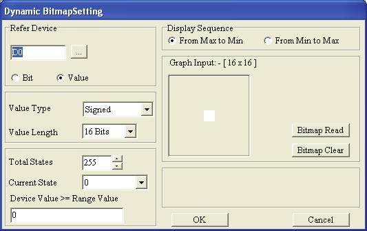 Step 2. Double-click the square by using the mouse, a Dynamic Bitmap Setting tab will appear to let the users select the Refer Device as Bit or Value (Figure 1-75). Figure 1-75 Figure 1-76 Step 3.