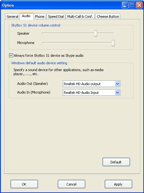 4.3.3 Audio Setting Page In Audio setting page, user can change audio settings including SkyBox S1 device volume control Always force SkyBox S1 device as Skype audio and Windows default audio device