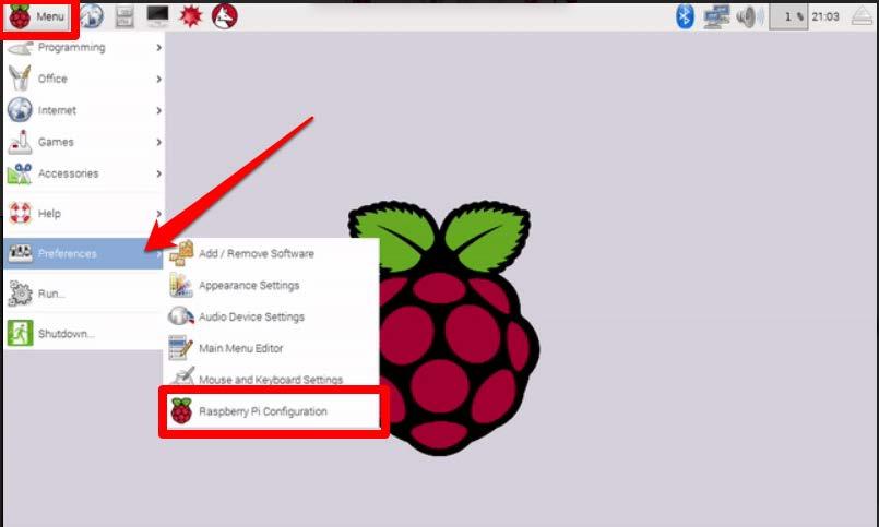 2. Enable SSH communication. a. Go to the Raspbian user interface b. Click Menu c. Go to Preferences d. Click Raspberry Pi Configuration e. Select the Interfaces tab f.