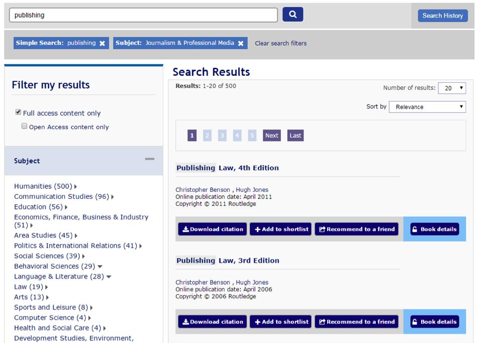 In the example below, a search has been carried out by typing publishing as a simple search term, and then adding a Journalism and Professional Media subject filter.