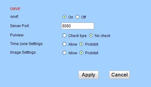 4.3.5 ONVIF setting ONVIF switch: default is open Port: default is 8080 Permission: default is not verify